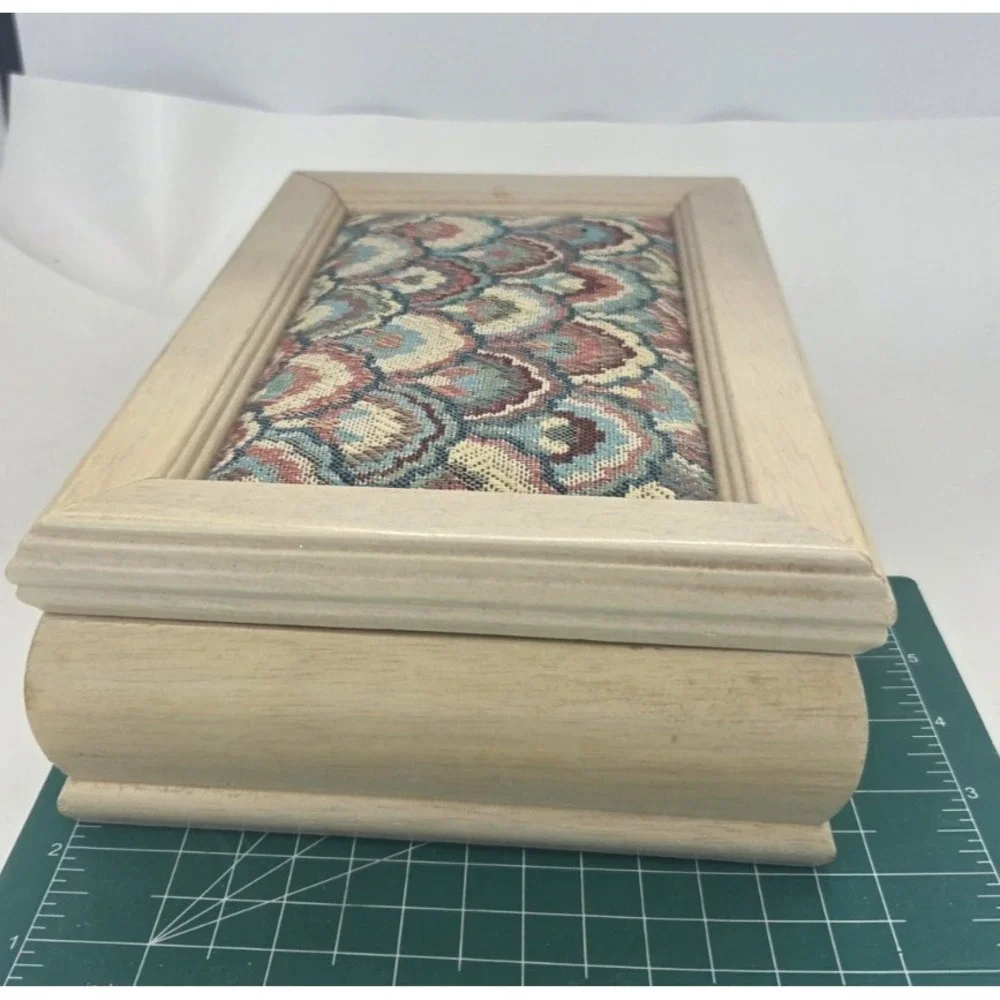 Vintage Wooden Jewelry Box Bargello Flame Stitch Tapestry w Mirror & Rose Lining